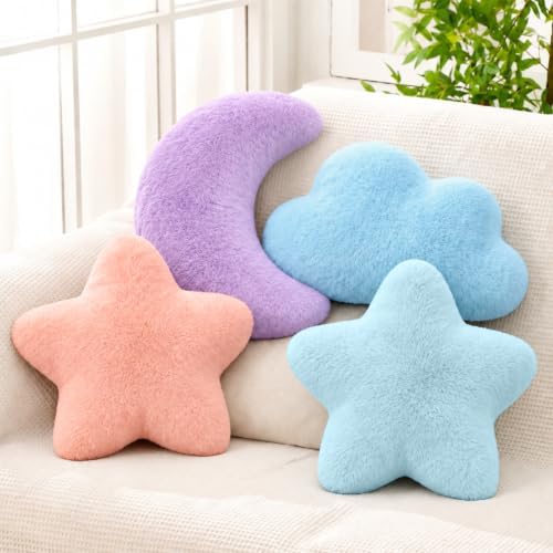 4 Pcs Plush Cloud Star Moon Throw Pillow Set, Purple, Blue, Mint, Orange