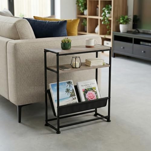 Narrow End Table for Small Spaces - Slim Side Table with Magazine Holder,2 in 1 Design Narrow Coffee Table Living Room,Skinny Bedroom Nightstand Thin Side Magazine Table,Oak