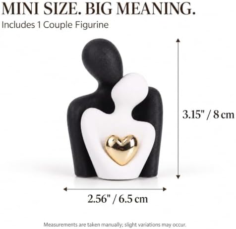 Mini Couple Statue, Ceramic Figurine for Shelf Decor, 3.15" Black and White