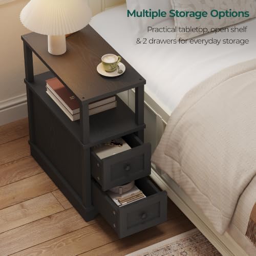 Farmhouse Slim Side Table with 2 Drawers, Wood Black End Table,
