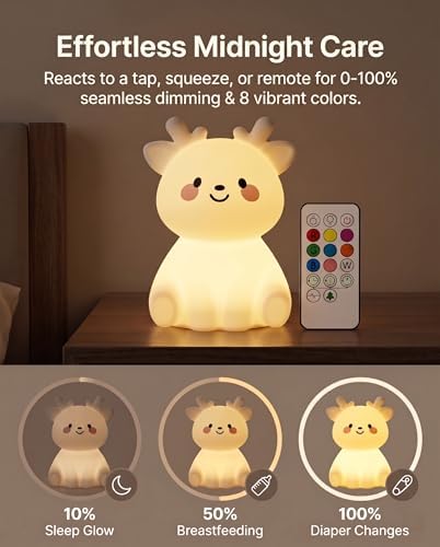 Deer Night Light for Kids, Squishy Dimmable Lamp with Remote & Touch, 15/30/60m Timer 8-Color Nursery Nightlight, Rechargeable BPA-Free Breastfeeding Room Decor Gifts for Girls Boys