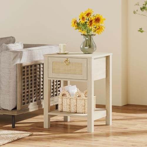 Eclatara Rattan Nightstand Set of 2: Sturdy Night Stand with Rattan Decor Drawer, Farmhouse Nightstand Bedside Table Boho End Tables Side Tables for Bedroom (Natural Light Oak,2 Pieces)