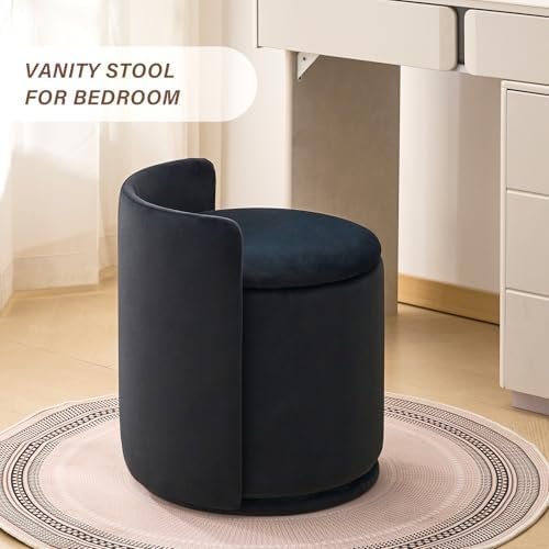 360° Swivel Makeup Chair with Storage, Upholstered Accent Stool with Back, Round Vanity Stool Ottoman for Living Room, Makeup Room, Bedroom (Black)