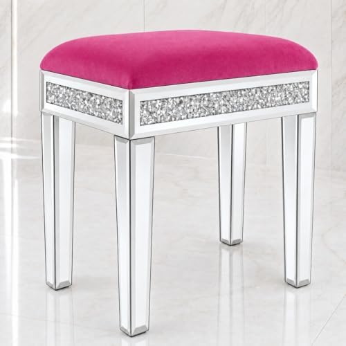 Vanity Stool with Storage Mirrored Legs, Velvet Cushioned Ottoman, Hidden Compartment, Sparkling Diamond Trim, Glam Makeup Chair & Piano Bench (Hot Pink)