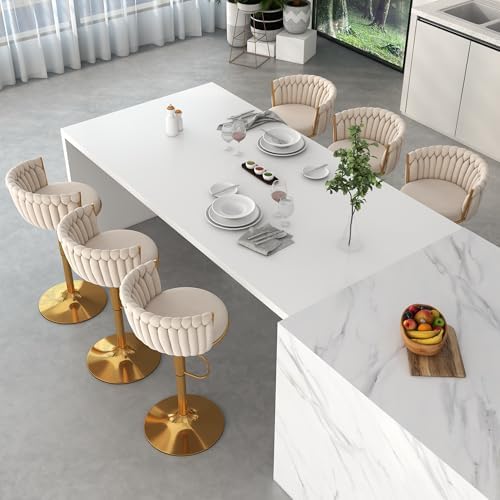 Gold Bar Stools Set of 6, Modern Adjustable Bar Height Barstools, Velvet Swivel Bar Chairs with Woven Backrest, Metal Footrest & Base, Upholstered Counter Stools for Kitchen Island, Beige