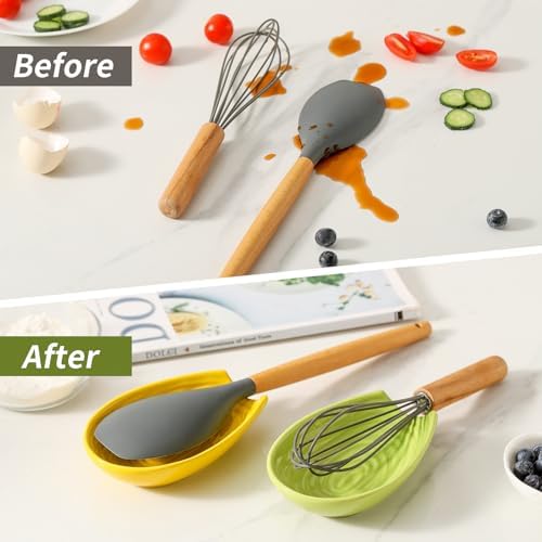 Hasense Spoon Rest for Stove Top, Ceramic Yellow and Green Spoon Holder for Kitchen Counter, Large Stable Heat-resistant Utensil Rest for Spatula Ladles Tongs, Home Kitchen Decor, 2 PCS