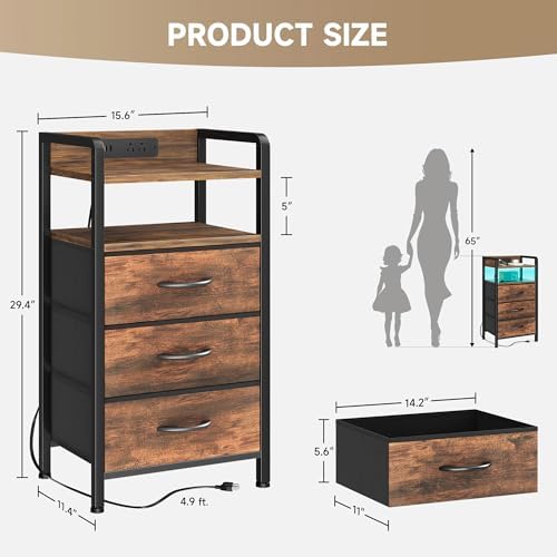 Lazzanto Nightstand with Rear Charging Station, LED Light, 3 Drawers, Brown