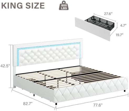 BarnFurin King Size Bed Frame with LED Headboard and Storage Drawers,White