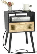 MaxSmeo Mid Century Modern Nightstand with Charging Station, Bedside Tables with Rattan Drawer, Small Wood Nightstand Side Table for Living Room,Bedroom (Black)