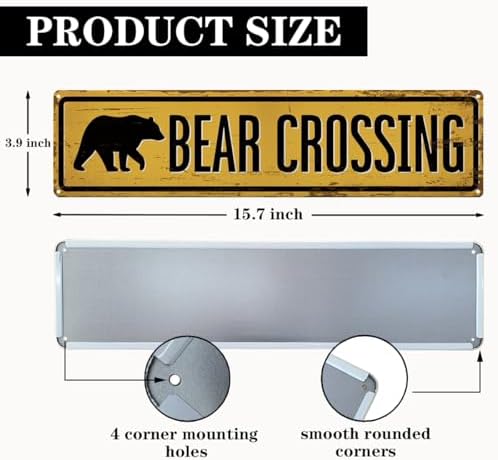 Rustic Farmhouse Metal Tin Sign, Bear Crossing Sign, Vintage Animal Road Signs for Porch, Yard, and Farmhouse, Animal Crossing Warning Signs, Perfect for Garden and Road, 15.7 x 3.9 inches