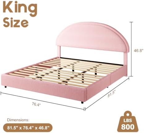 REVOMINCA King Size Bed Frame, Boucle Upholstered Platform Bed with Headboard, Soft Bed Frame with Round Corner, No Box Spring Required, Easy Assembly, Pink