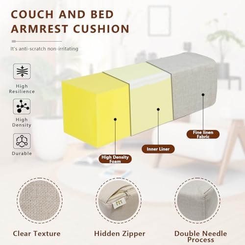 2 Pack Couch Arm Rest Pillow, 6''x6''x20'' Linen Cover, High Density Foam Armrest Cushion, Removable & Washable Elbow Support for Sofa, Bed, and Armchair (Beige)