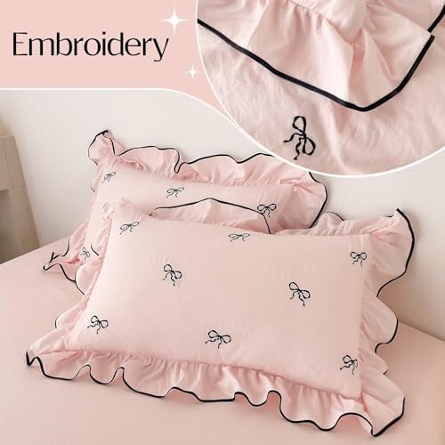 Cute Pink Duvet Cover Set Queen Size 3 Pcs with Bow,1 Duvet Cover with 2 Pillowcases,Washed Coquette Queen Bedding Set for Teen Girls,Zipper Ruffles Quilt Covers 90"×90"