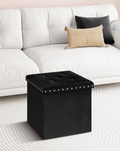 B FSOBEIIALEO Storage Ottoman Cube, 15.7" Velvet Folding Ottoman, Black