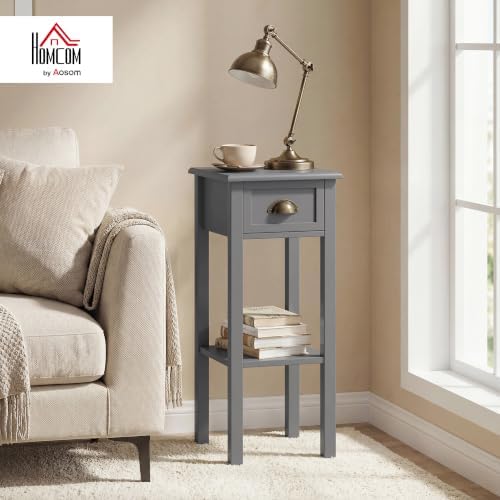 HOMCOM Narrow End Table with Drawer and Bottom Shelf Set of 1 Gray