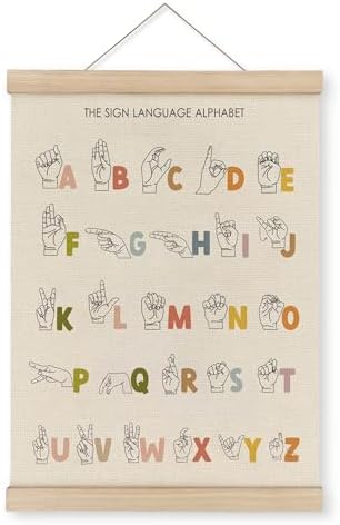 MAQIKA American Sign Language Alphabet Poster Framed with Wood Hanger, Boho Letters Educational Hanging Wall Decor, ASL Alphabet Canvas Wall Art Paints for Classroom Kids Room Bedroom, 12x16 Inch