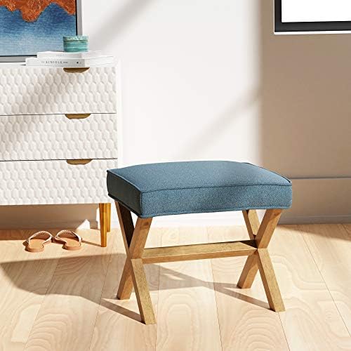 Amazon Basics Small Ottoman Foot Rest, Mid-Century Modern X Square Upholstered Fabric Stool for Living Room, Bedroom, Entryway, Extra Seating, 20" W x 18" D x 18" H, Indigo Blue