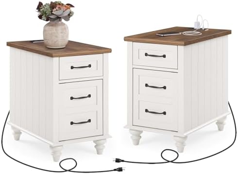 WAMPA Set of 2 End Tables with Charging Station, Off White Wood Nightstand