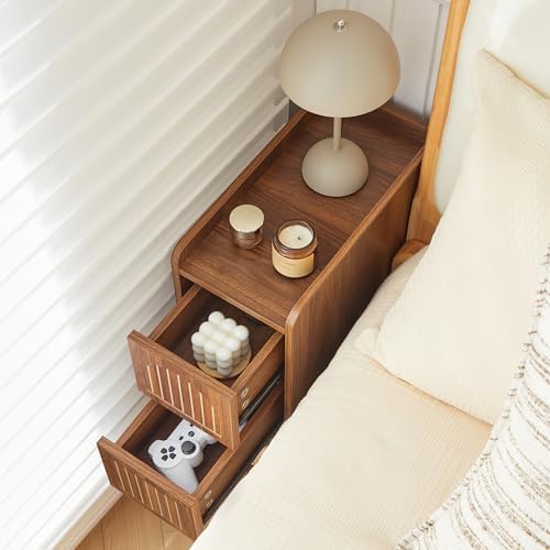 Narrow Nightstand Set of 2, Wooden Small 2 Drawer Nightstand, Slim Side End Table, Skinny Bedside Table, Mid Century Modern Night Stand with Drawers for Bedroom (Deep Walnut-2 pcs)