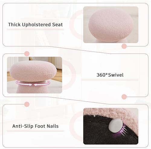 Cute Mushroom Ottoman Stool, Teddy Fleece 360° Swivel Vanity Stool
