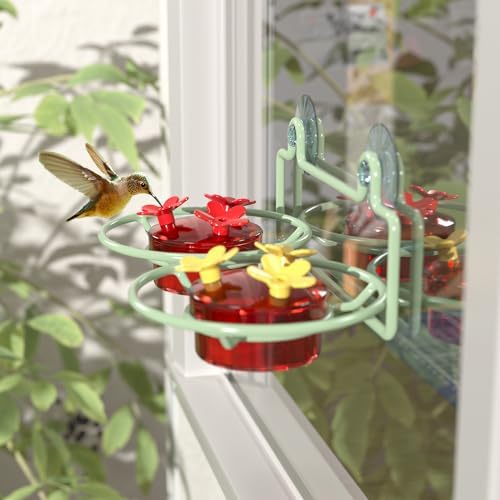 Dreamdrawer 2 Pack Window Hummingbird Feeder, Small Hummingbird Feeder for Outdoors with Strong Suction Cup - Metal Base & 6 Feeding Ports, Easy to Clean and Refill, Green