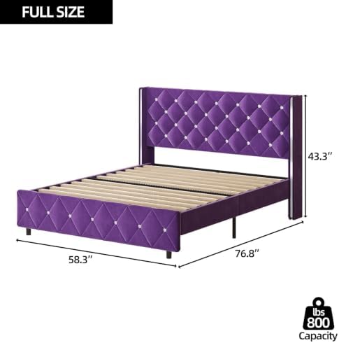 HOMBCK Full Bed Frame with Velvet Headboard, Silverside Wingback, Purple