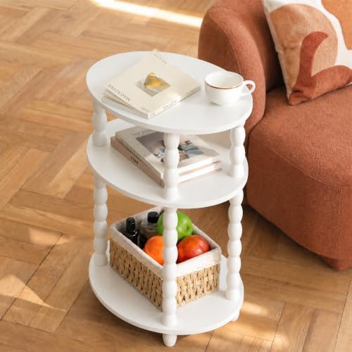 3-Tier Oval Side Table, Small End Table with Solid Wood Spindle Legs White
