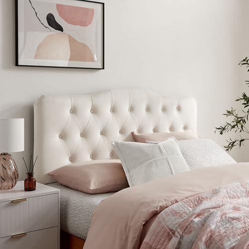 Modway Annabel Performance Velvet Adjustable Full Headboard in Alabaster - Stain-Resistant Padded Headboard Only with Diamond Button Tufting and 7 Height-Adjustable Positions