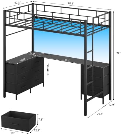 Twin Size Loft Bed with L-Shaped Desk and Storage, Black