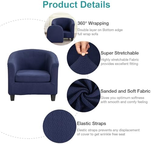 NILUOH Stretch Club Chair Slipcover 2-Piece Set for Barrel & Tub Chairs, Soft Armchair Cover - Removable Washable Furniture Protector, Living Room Armchair Cover,Dark Blue