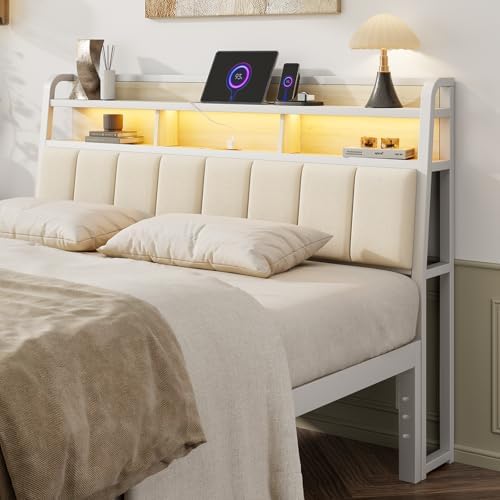 Full Headboard Only with Storage, Charging Station, Off White