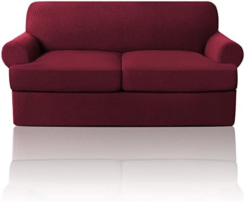 PrinceDeco T Cushion Loveseat Slipcover - 3 Pieces Sofa Cover for 2 Cushion Couch with 2 Individual T Shape Seat Covers Width Up to 76 Inch - Stretch, Machine Washable, Burgundy