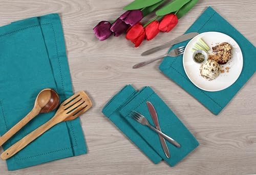 Lightnpro Hemstitched Cotton Dinner Napkins Set of 12, 18x18 Inch Teal
