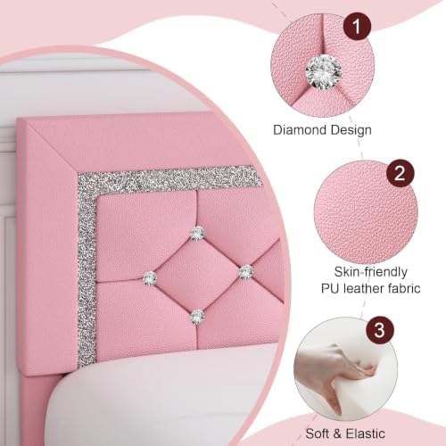 King Bed Frame with Diamond Headboard, Upholstered Platform Bed, Pink