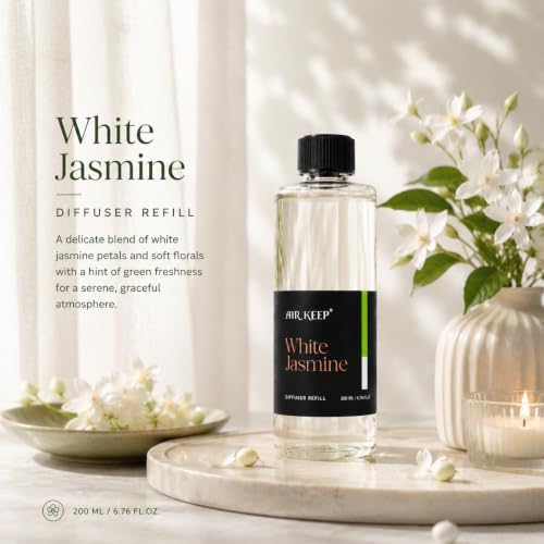 Airkeep White Jasime Reed Diffuser Refill – 6.76 fl oz – Premium Scented Oil for Home Aromatherapy – Long-Lasting Fragrance for Reed Diffusers – Perfect for Bathroom, Bedroom & Home Decor