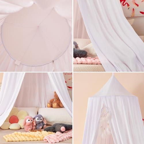 Princess Bed Canopy for Kids Baby Bed, Round Dome Kids Reading Nook Indoor Outdoor House Tent Hanging Decoration Cotton Canvas White