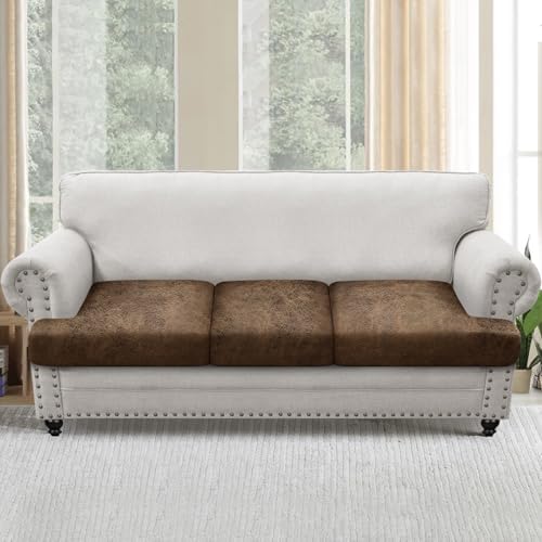 T Cushion Sofa Slipcovers Leather-Look 3PC Stretch Sofa Cushion Covers for 3 Cushion Couch Individually Couch Seat Covers with Elastic Bands, Pet-Friendly, Non-Slip, Easy Fit - Brown