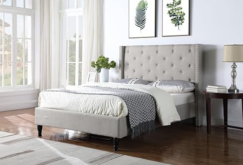 Full Upholstered Platform Bed Frame with 51" Tall Headboard - Button Tufted Cloth Bed - Wood Slat Support with Storage Space - No Box Spring Needed - Easy Assembly - Grey - Oliver & Smith - Astor