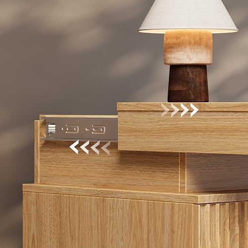 Nightstand Set of 2 for Bedroom, LED Nightstand with 3 Drawers and Charging Station, Mid Century Modern Fluted Nightstands, Bedside Tables & End Tables, Wood