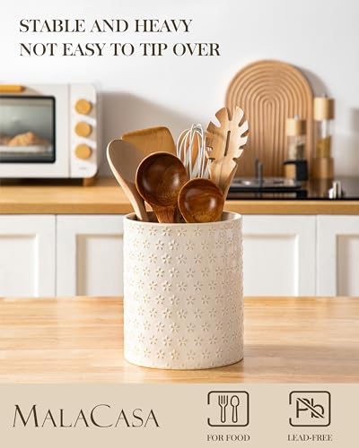 MALACASA LYDIA Ceramic Utensil Holder, 7.3"+5.5" Kitchen Utensil Crock Set for Countertop, Large & Small Utensil Organizers for Cooking Tools, Five-Leaf Grass Pattern