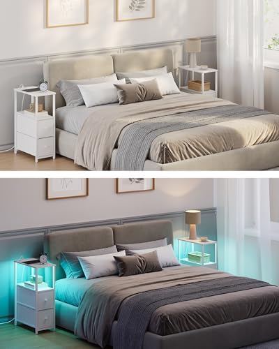TUTOTAK Narrow LED End Table, Skinny Side Table with Charging Station