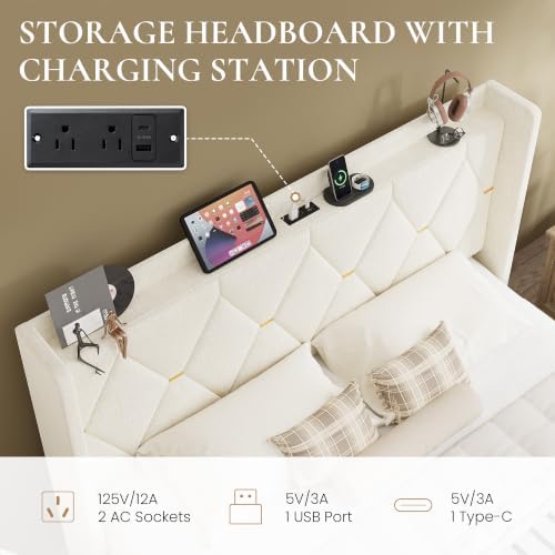 SHA CERLIN King Size Bed Frame with Storage Headboard & Charging Station