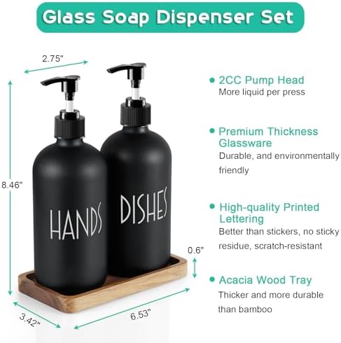 ALELION Black Dish Soap Dispenser Set for Kitchen - 16 OZ Hand Soap Dispenser with Pump and Acacia Wood Tray - for Black Kitchen Decor and Accessories