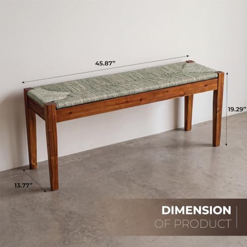 46-Inch Acacia Wood Bench with Natural Seagrass Woven Seat, Indoor Bench