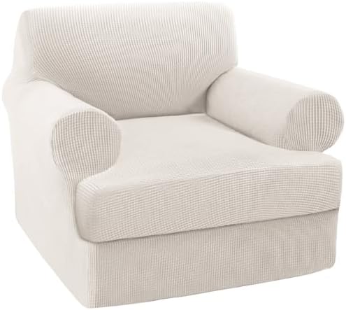 Turquoize T Cushion Chair Slipcover Armchair Slipcover for Living Room Stretch Sofa Couch Cover Soft Armchair Cover Furniture Covers with Individual T Cushion Seat Covers (Chair, Ivory)