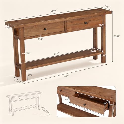 Solid Wood Entryway Table, Console Table with 2 Drawers and Storage Shelf, Narrow Farmhouse Sofa Console Behind the Couch for Hallway, Living Room, Foyer