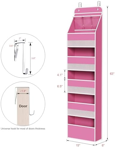 Univivi Fabric Over Door Hanging Organizer for Baby Nursery, Pink, 6-Shelf