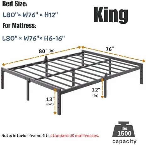 12 Inch King Metal Platform Bed Frame, Mattress Anti-Slip Design