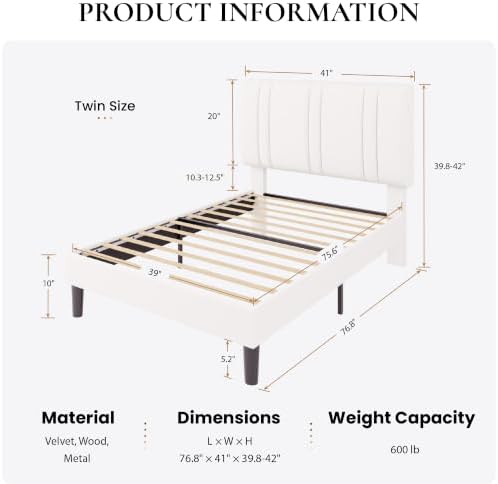 SHA CERLIN Twin Size Velvet Bed Frame with Adjustable Headboard, White