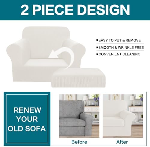Turquoize 2 Piece Chair Covers Armchair Covers for Living Room Stretch Armchair Slipcovers Soft Chair Cover with Arms Feature Thick Jacquard Fabric, Machine Washable (Chair, Porcelain White)